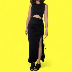 Black Halara Round Neck Cut Out Ruched Drawstring Hem Bodycon Maxi Casual Dress
